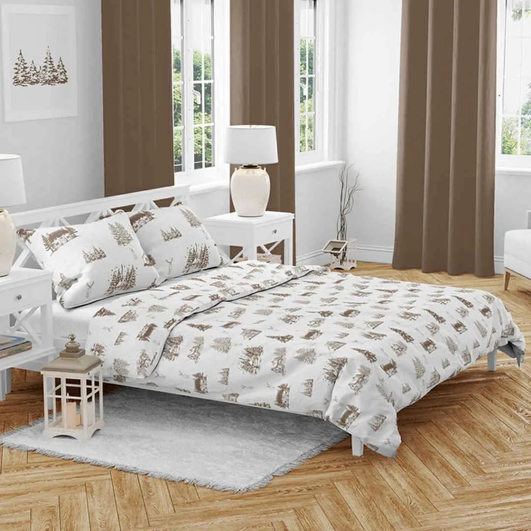 Vianočné obliečky bavlnené Chalúpka hnedá TiaHome - 1x Vankúš 90x70cm, 1x Paplón 140x200cm