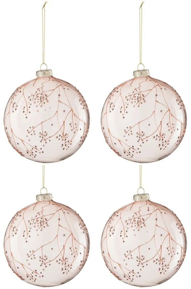 4ks ružová vianočná sklenená ozdoba s vetvičkami a trblietkami - Ø 12 cm