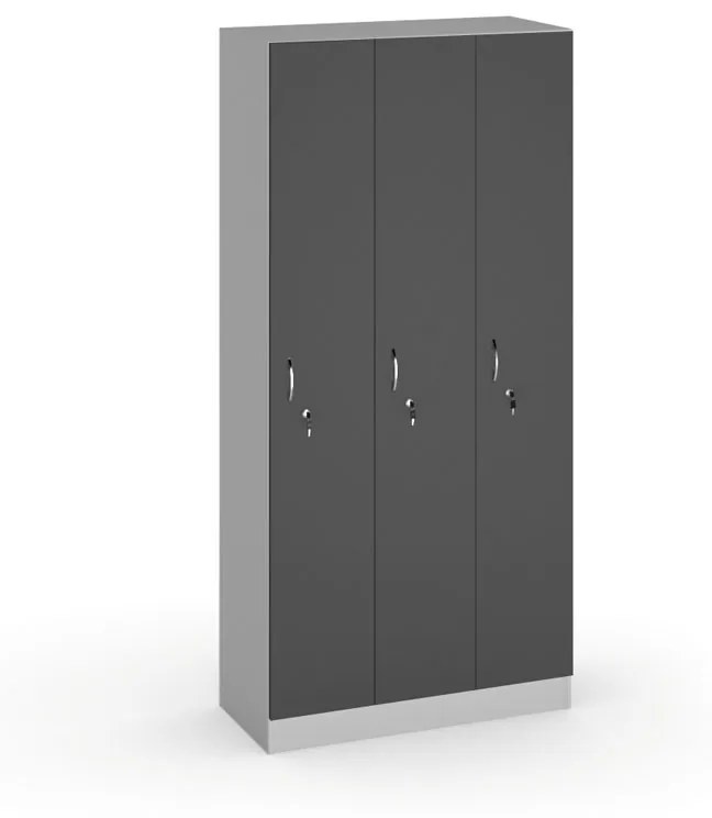 Drevená šatníková skrinka, 3 oddiely, 1900 x 900 x 420 mm, cylindrický zámok, sivá/grafit