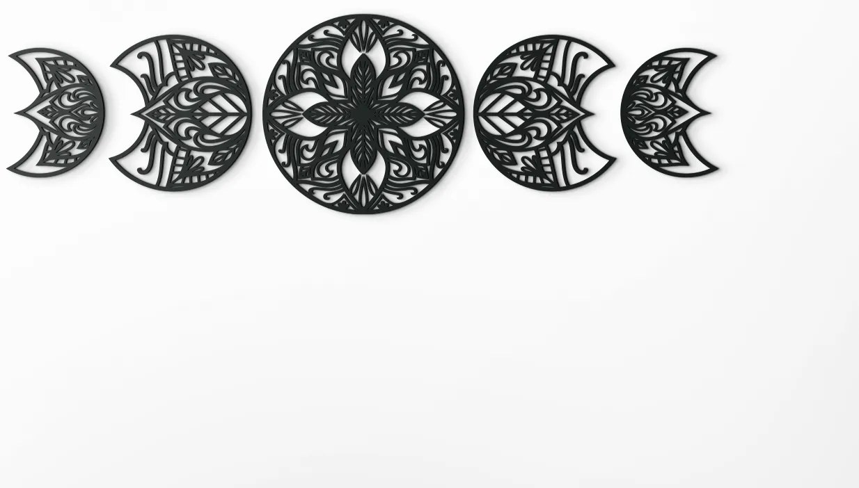 drevko 5-dielna mandala na stenu Rozmer obrazu: 18,5 x 65 cm, Farba dekorácie: Čierna