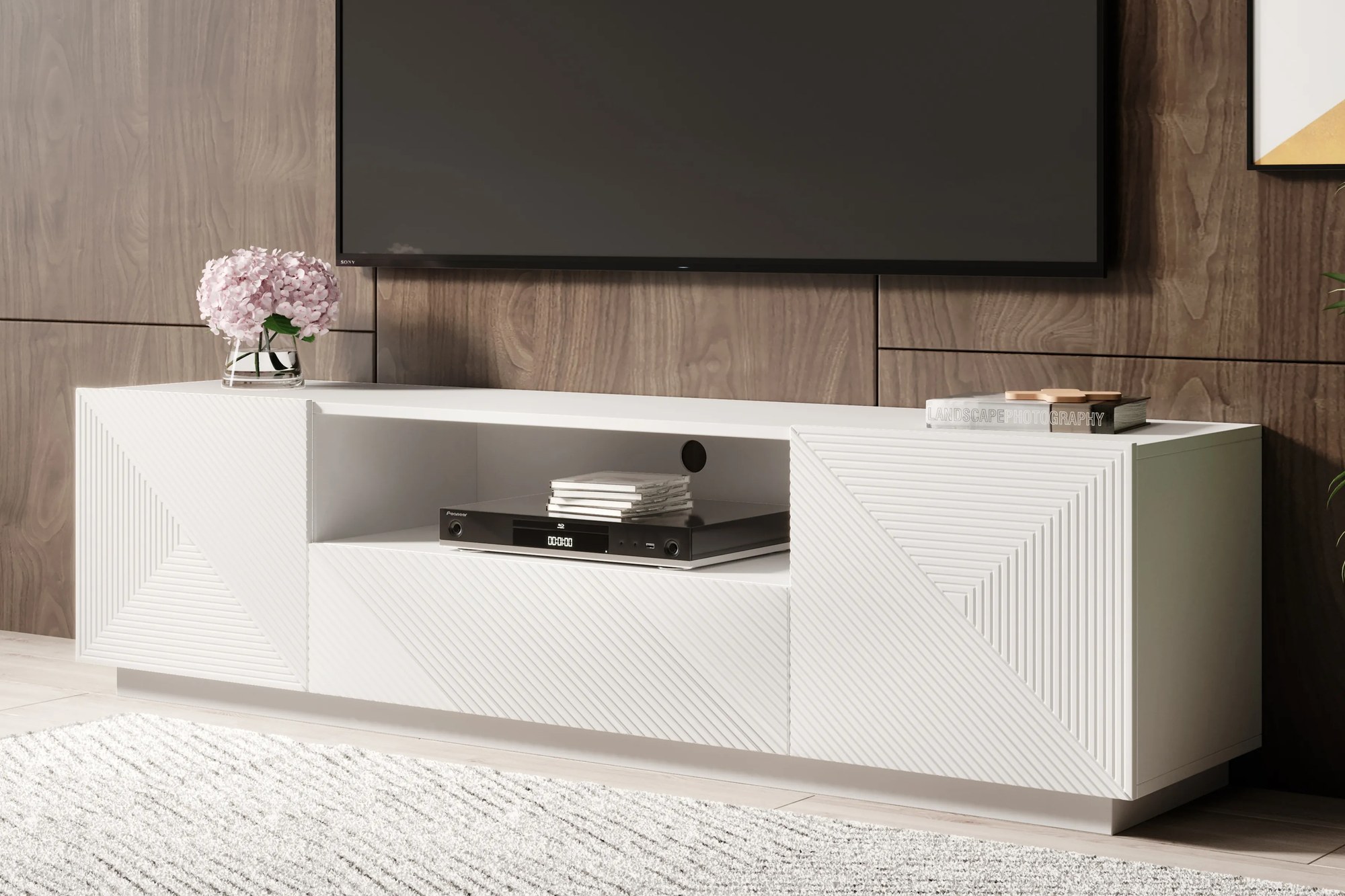 TV stolík Asha 167 cm s otvorenou policou - biely mat