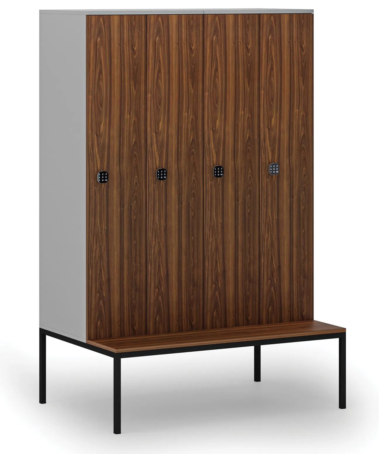 Drevená šatníková skrinka S4 s lavičkou, 4 oddiely, 1871 x 1200 x 500/800 mm, demont, kódový zámok, sivá/orech