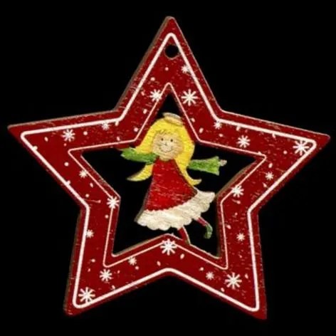 AMADEA Drevená ozdoba farebná hviezda s anjelom 6 cm