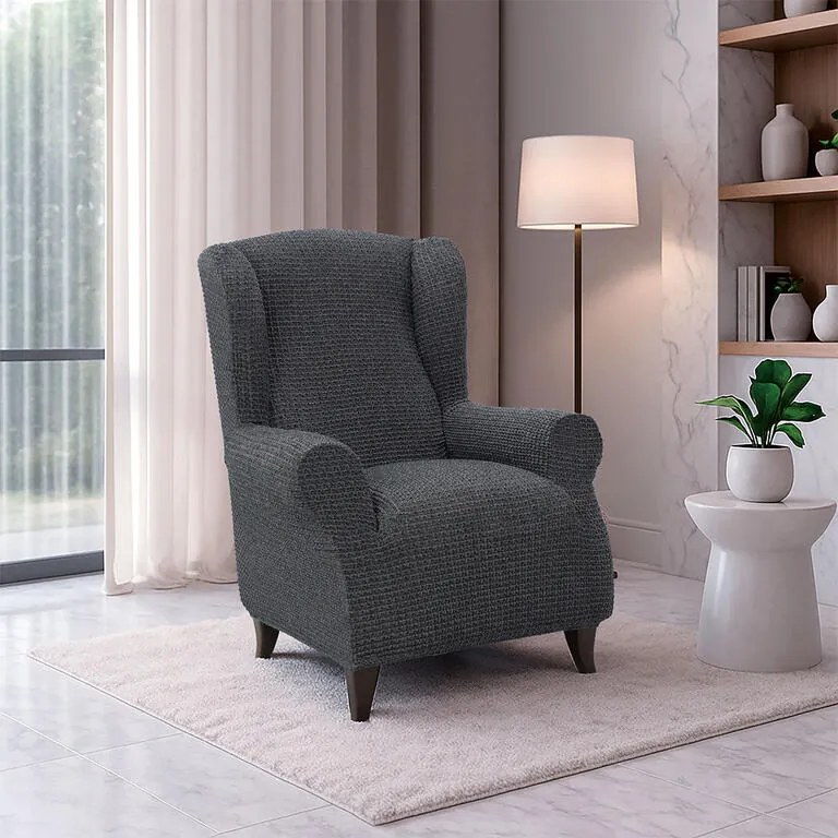 Super strečové poťahy RUBINIA antracitová kreslo ušiak (š. 70 - 95 cm)