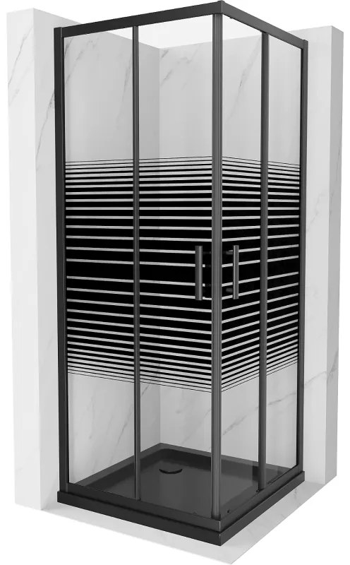Mexen Rio, štvorcový sprchovací kút s posuvnými dverami 90(dvere) x 90(dvere) x 190 cm, 6mm číre sklo s pásikmi, čierny profil + čierna sprchová vanička SLIM, 860-090-090-70-20-4070B
