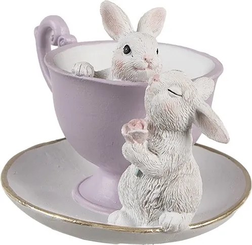 Dekorácia zajačikovia v ružovej šálke s kvetinami - 13*16*12 cm