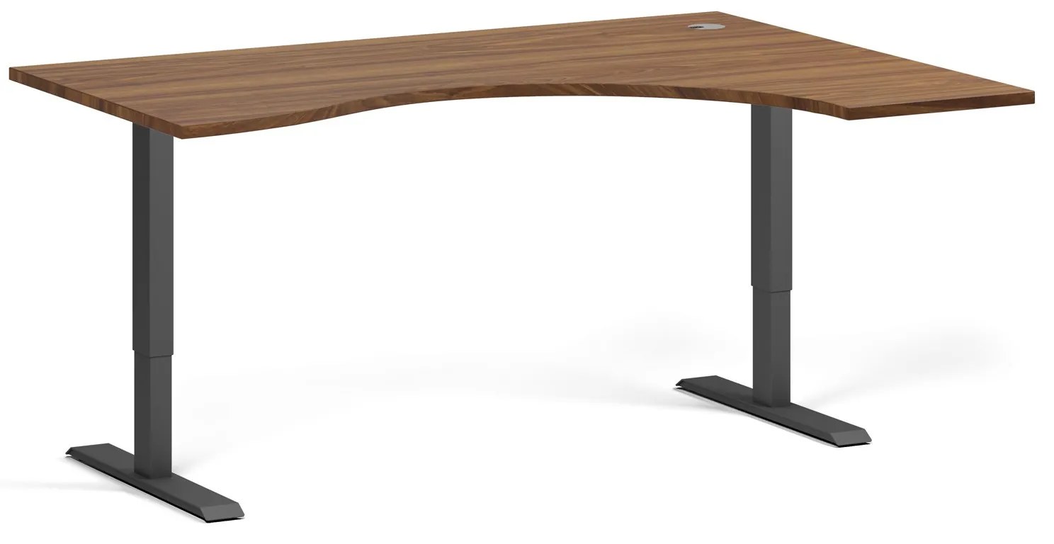 Ergonomický výškovo nastaviteľný stôl, 160x120 cm, 2 motory, L/P, čierna podnož, orech
