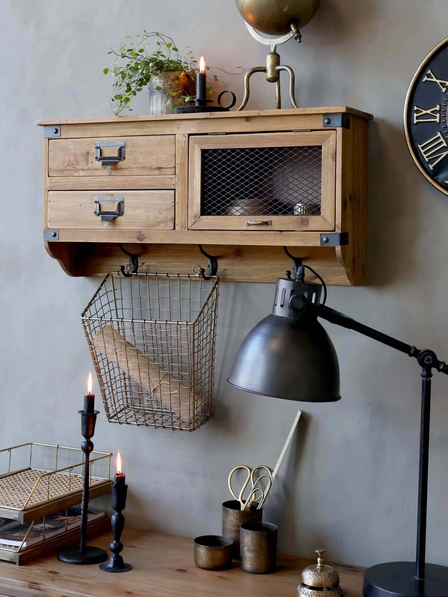 Hnedá antik drevená nástenná polička so šuplíčkami a dvierkami Gilla - 70*16*34cm