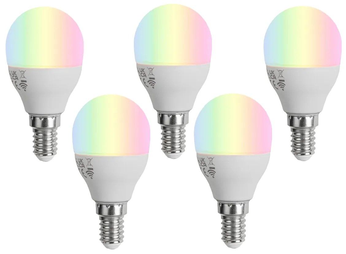 Sada 5 Smart E14 LED žiaroviek G45 Opál RGBW 4.9W 470 lm 2700-6500K