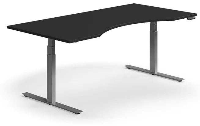 Výškovo nastaviteľný stôl QBUS, ergonomický, 2000x1000 mm, strieborný rám, čierna