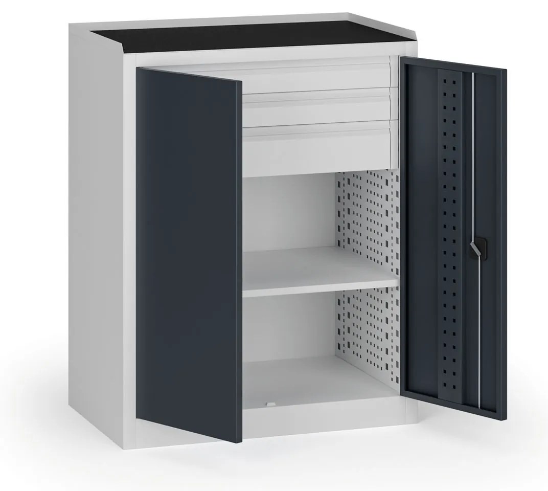 Dielenská skriňa nízka na náradie KOVOS, 1 police, 3 zásuvky, 950 x 600 x 1180 mm, grafit