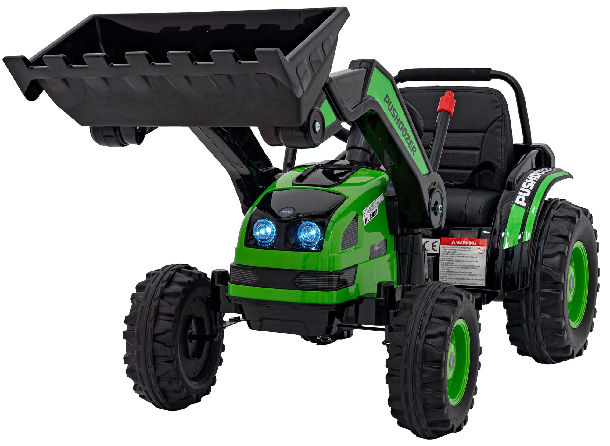 Zelený detský traktorový bager na batérie + pohyblivé rameno + diaľkové ovládanie + pomalý štart + FM rádio + LED