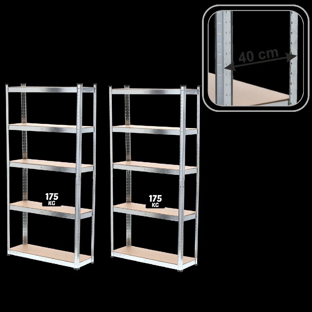 SADA DVÔCH 5-ÚROVŇOVÝCH POLIČIEK 180 x 90 x 40 CM NOSNOSŤ POLIČKY: 175 KG *2158