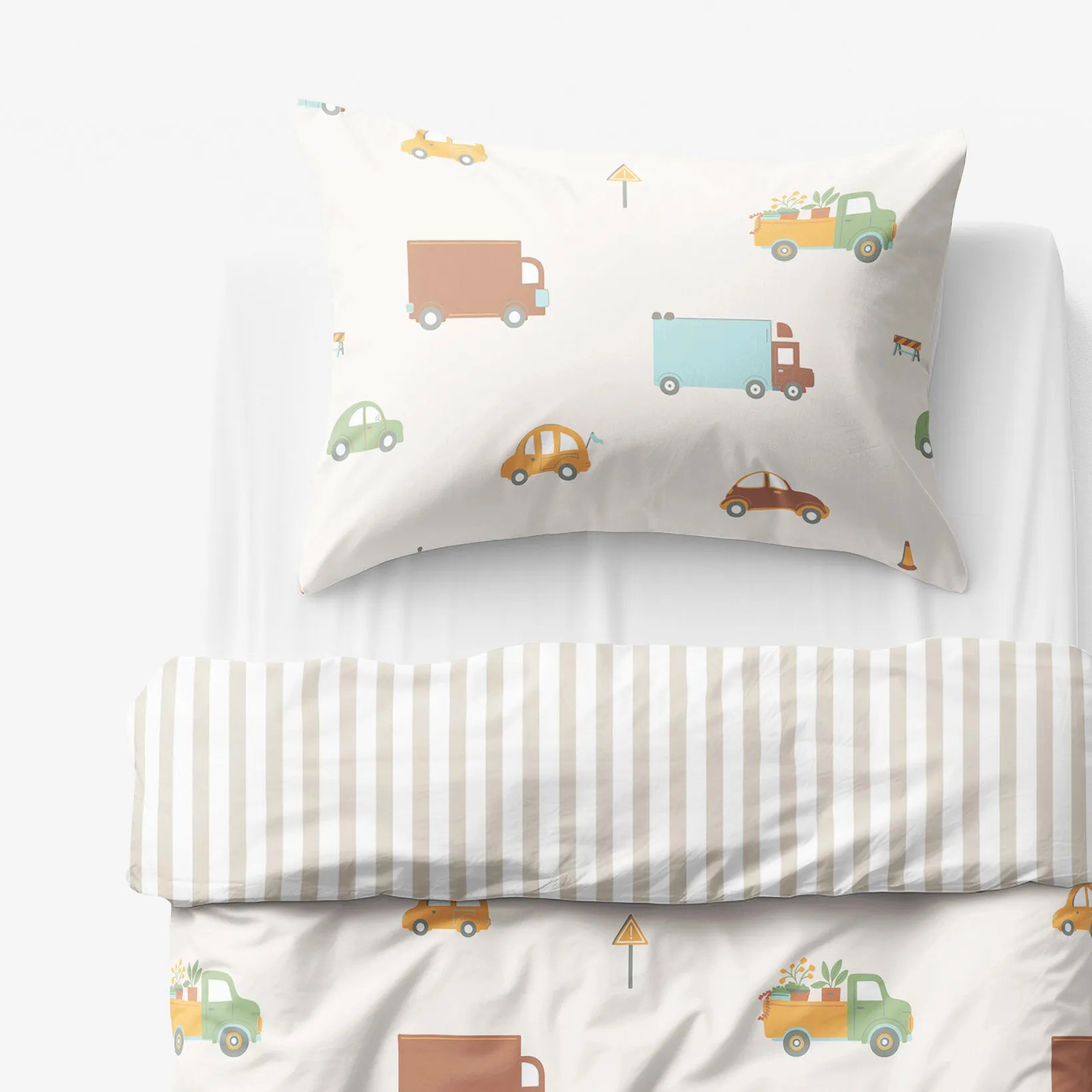 Goldea detské bavlnené obliečky - svet autíčok s latte prúžkami 140 x 200 a 70 x 90 cm