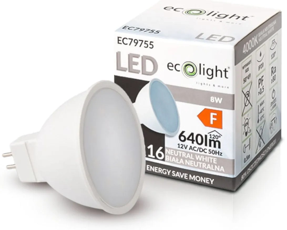 ECOLIGHT LED žiarovka MR16 12V 8W neutrálna biela
