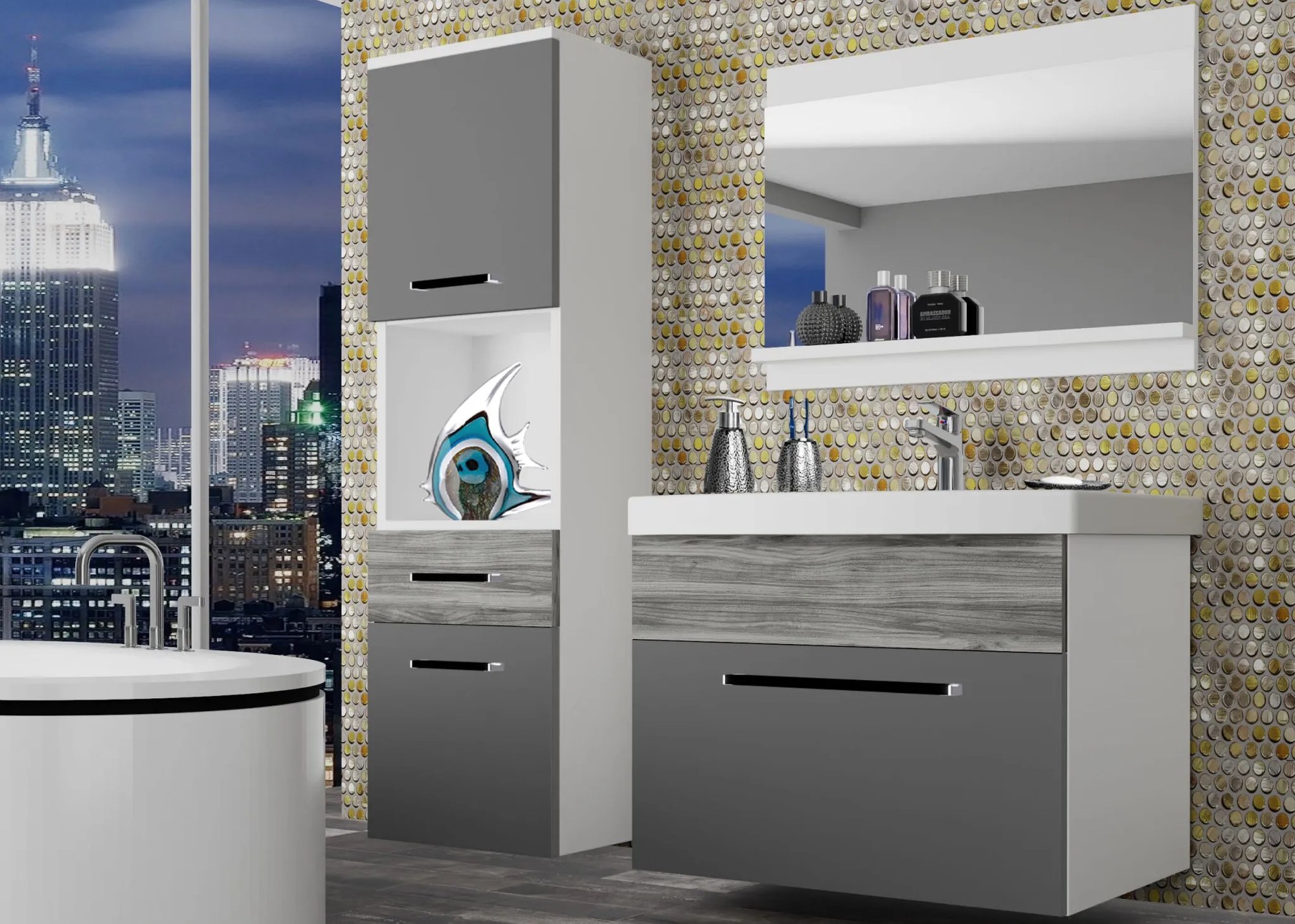 Kúpeľňový nábytok Belini šedý mat / šedý antracit Glamour Wood + umývadlo + zrkadlo ROD M 3/0/W/SRGW/0/ZW