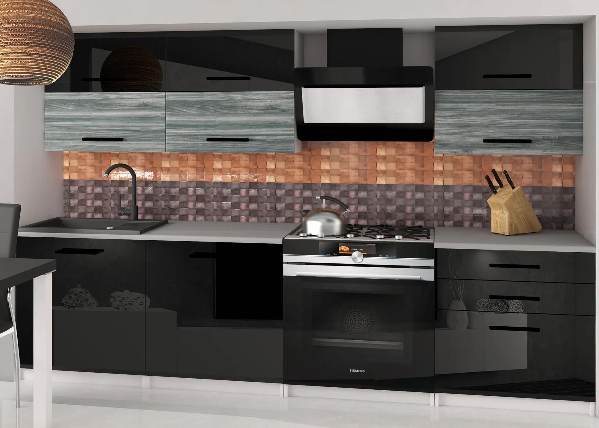 Kuchynská linka Belini 180 cm čierny lesk / šedý antracit Glamour Wood s pracovnou doskou Primera2 INF PRIMERA2/2/WT/BGW1B/0/B1