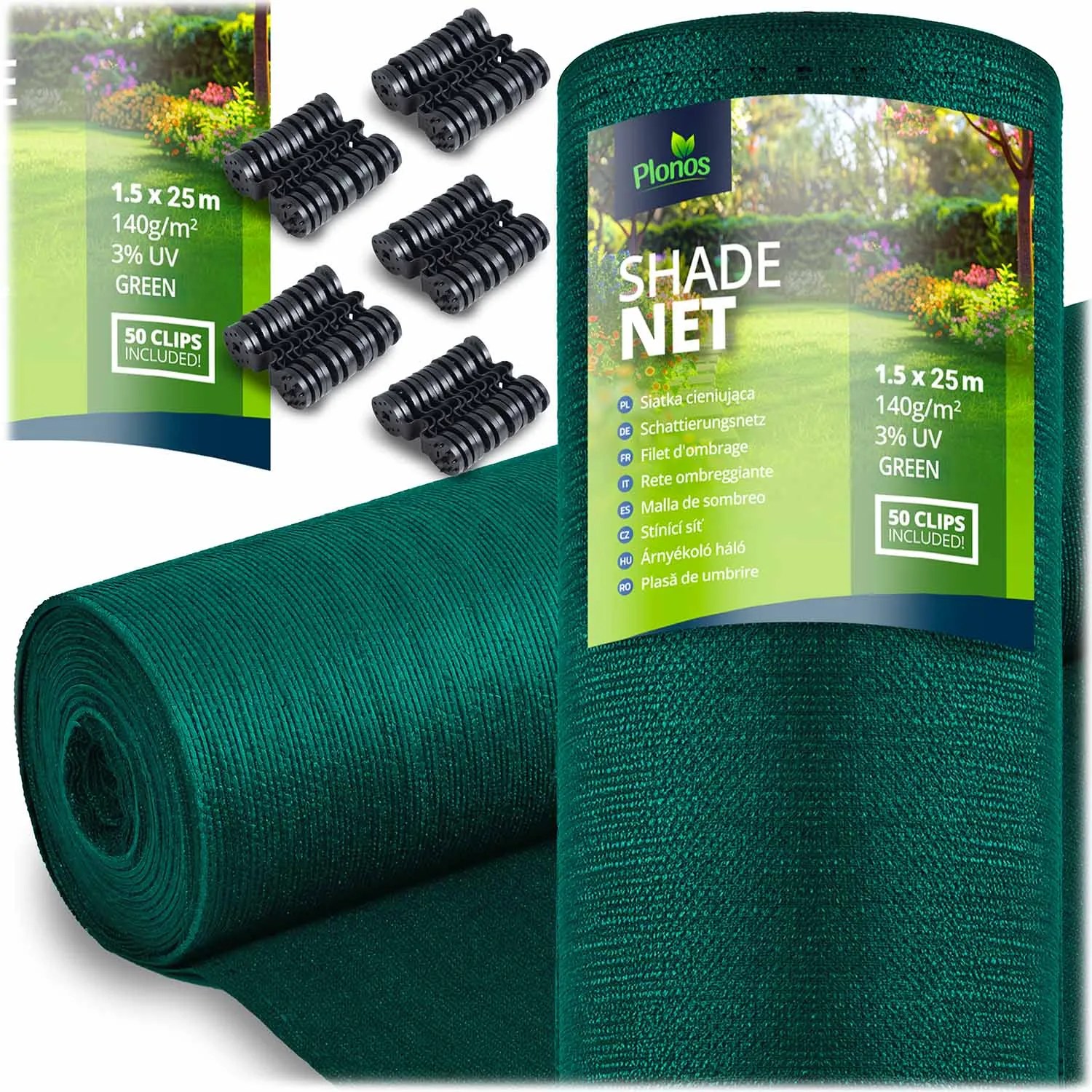 Tieniaca sieť 1,5x25m 140g/m2 + 50 svoriek PLONOS 454211 - zelená