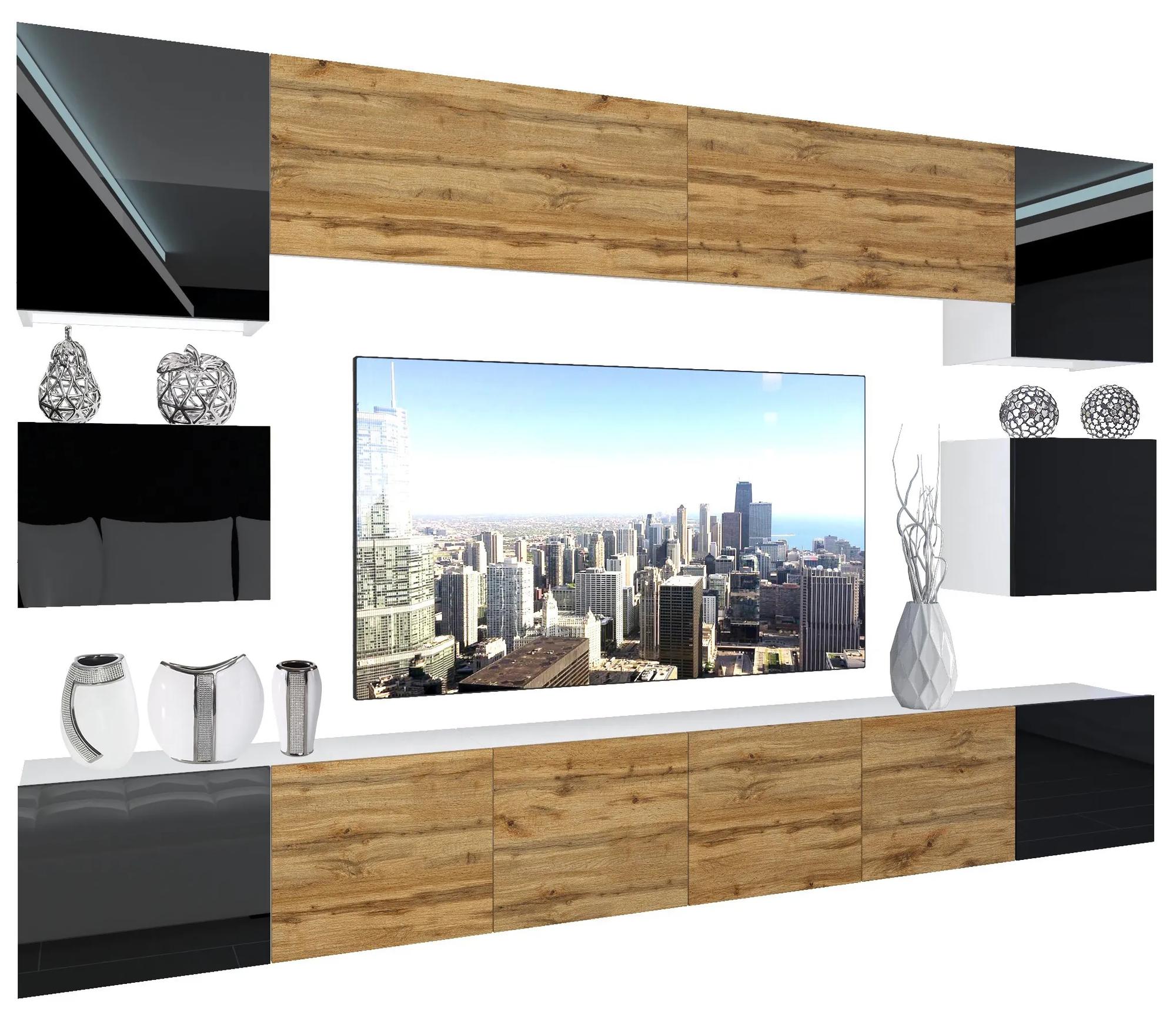 Obývacia stena Belini Premium Full Version čierny lesk / dub wotan + LED osvetlenie Nexum 52