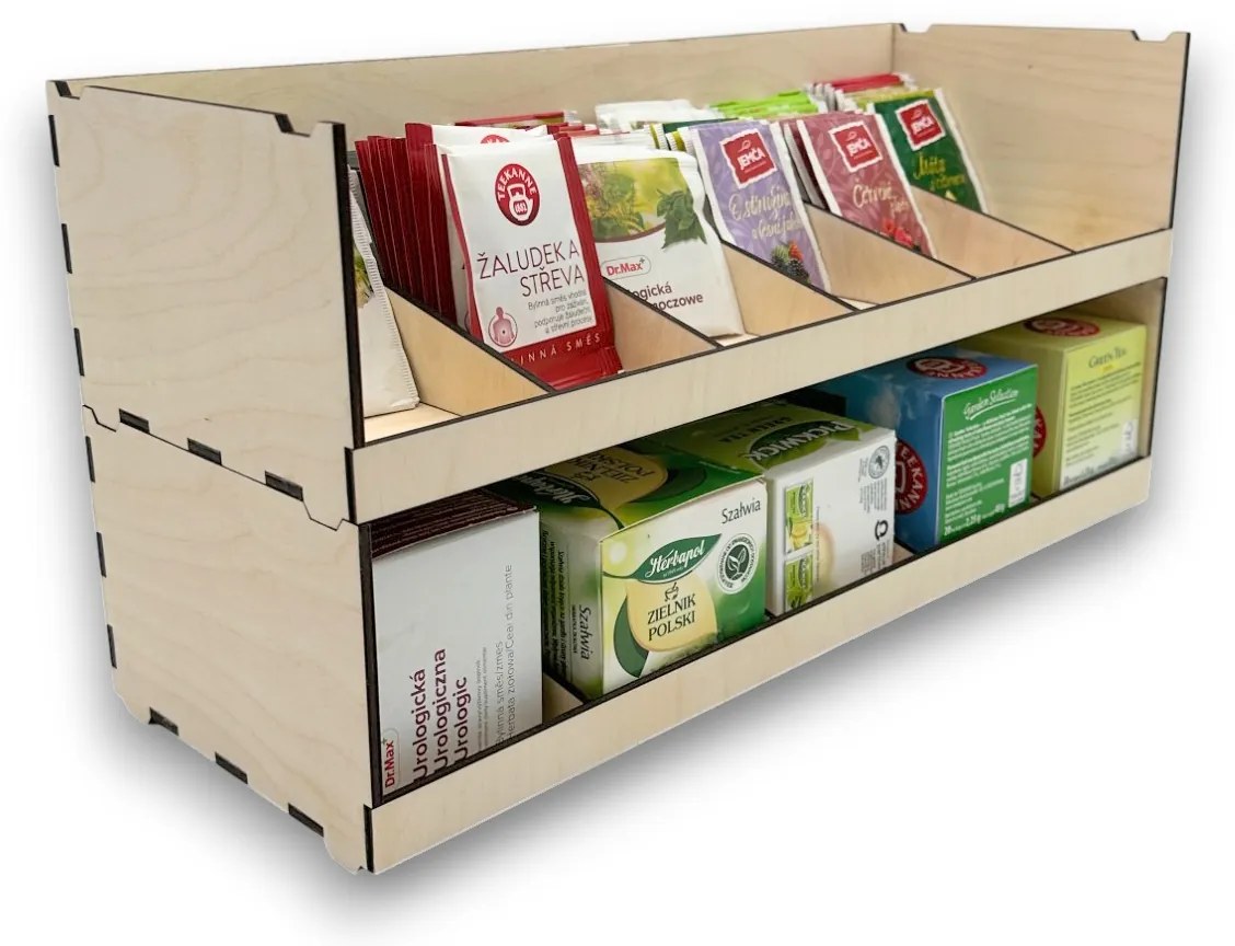 Stohovateľný organizér na čajové vrecúška aj krabičky, 5 variabilných priehradiek VASKY Cenové rozpätie: cena za 2ks