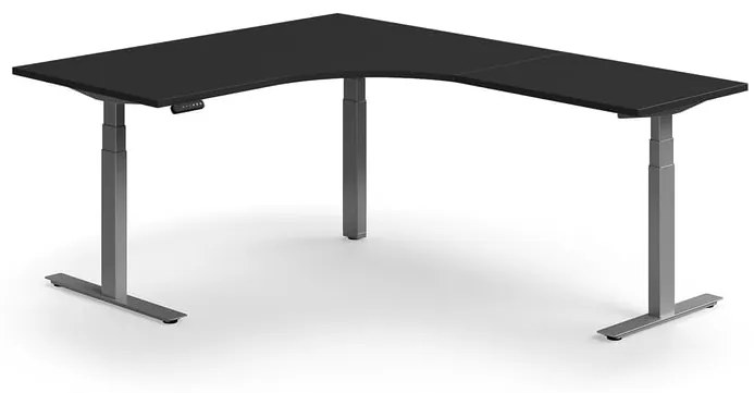 Výškovo nastaviteľný stôl QBUS, rohový, 1600x2000 mm, strieborný rám, čierna