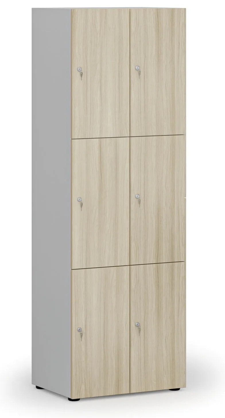 Drevená šatníková skrinka s úložnými boxmi, 6 boxov, demont, cylindrický zámok, sivá/dub prírodný