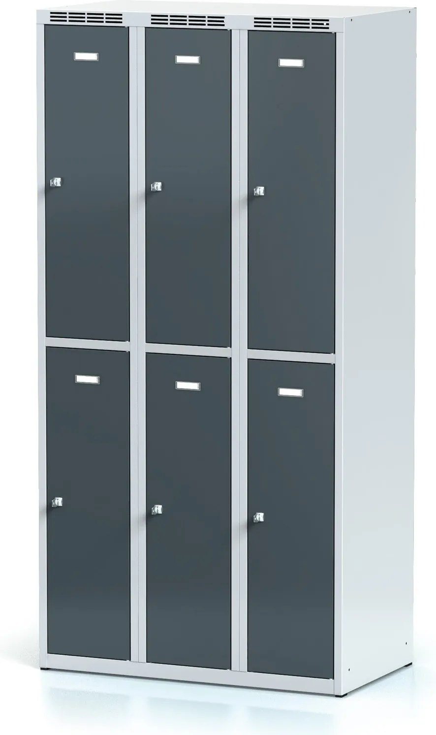 Alfa 3 Kovová šatníková skrinka S6 s úložnými boxami, 6 boxov, 1800 x 900 x 500 mm, otočný zámok, tmavosivé dvere