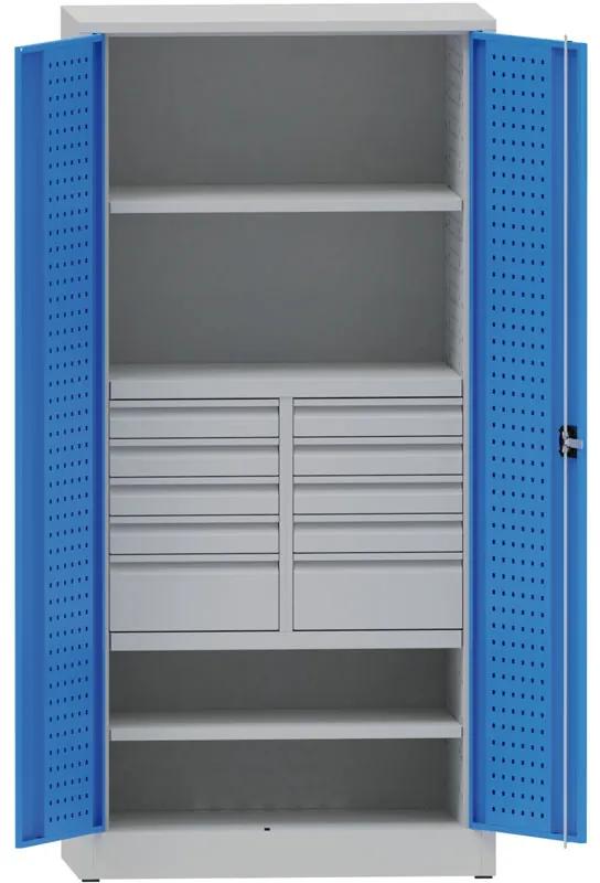 Dielenská kovová skriňa na náradie KOVONA, 2 police, 10 zásuviek, zváraná, nosnosť 50 kg, 950 x 500 x 1950 mm