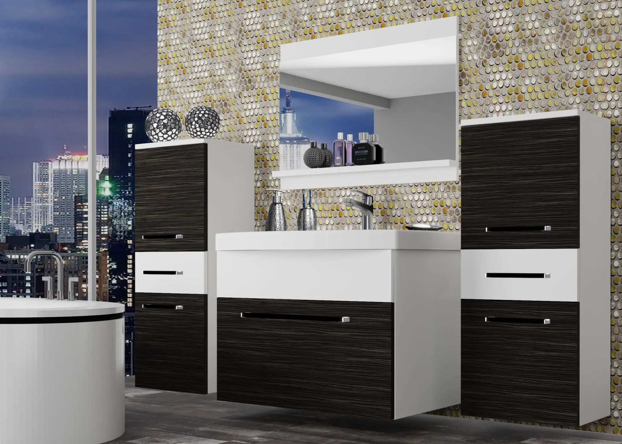 Kúpeľňový nábytok Belini eben kráľovský / biely mat + umývadlo + zrkadlo ROD M 4/0/W/HKW/0/ZW