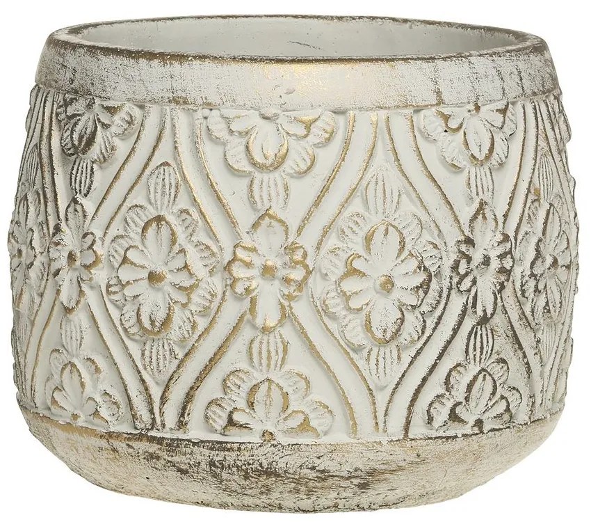 Bielo - zlatý antik cementový obal na kvetináč s kvetmi Vittel M - Ø15*13 cm