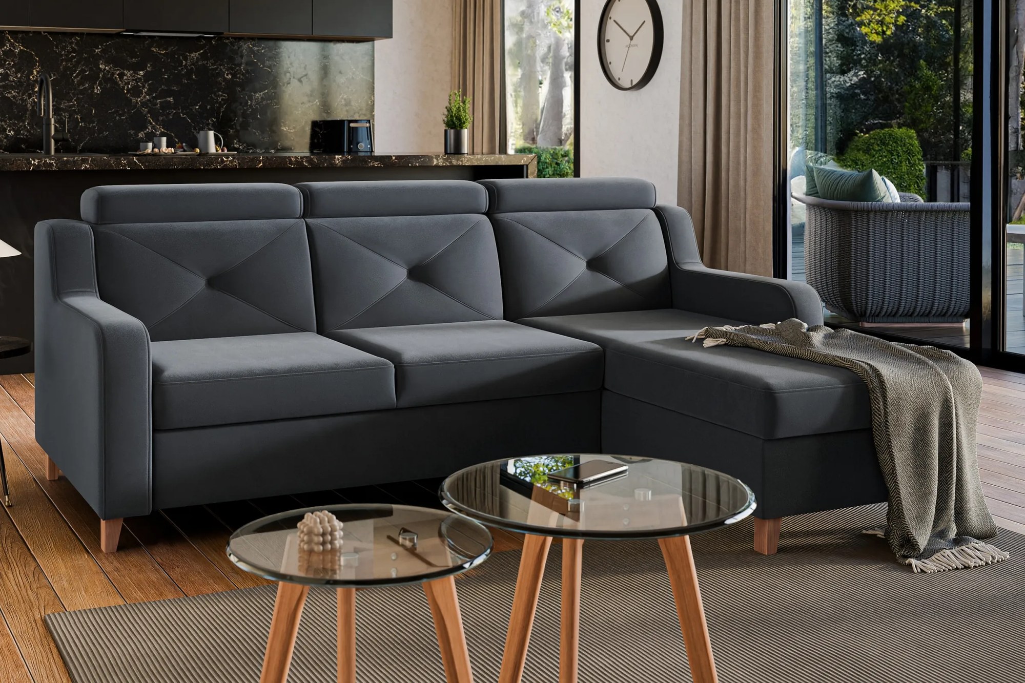 Rohová sedačka Laksaro s rozkladom pravostranná - sivý zamat Jasmine 96