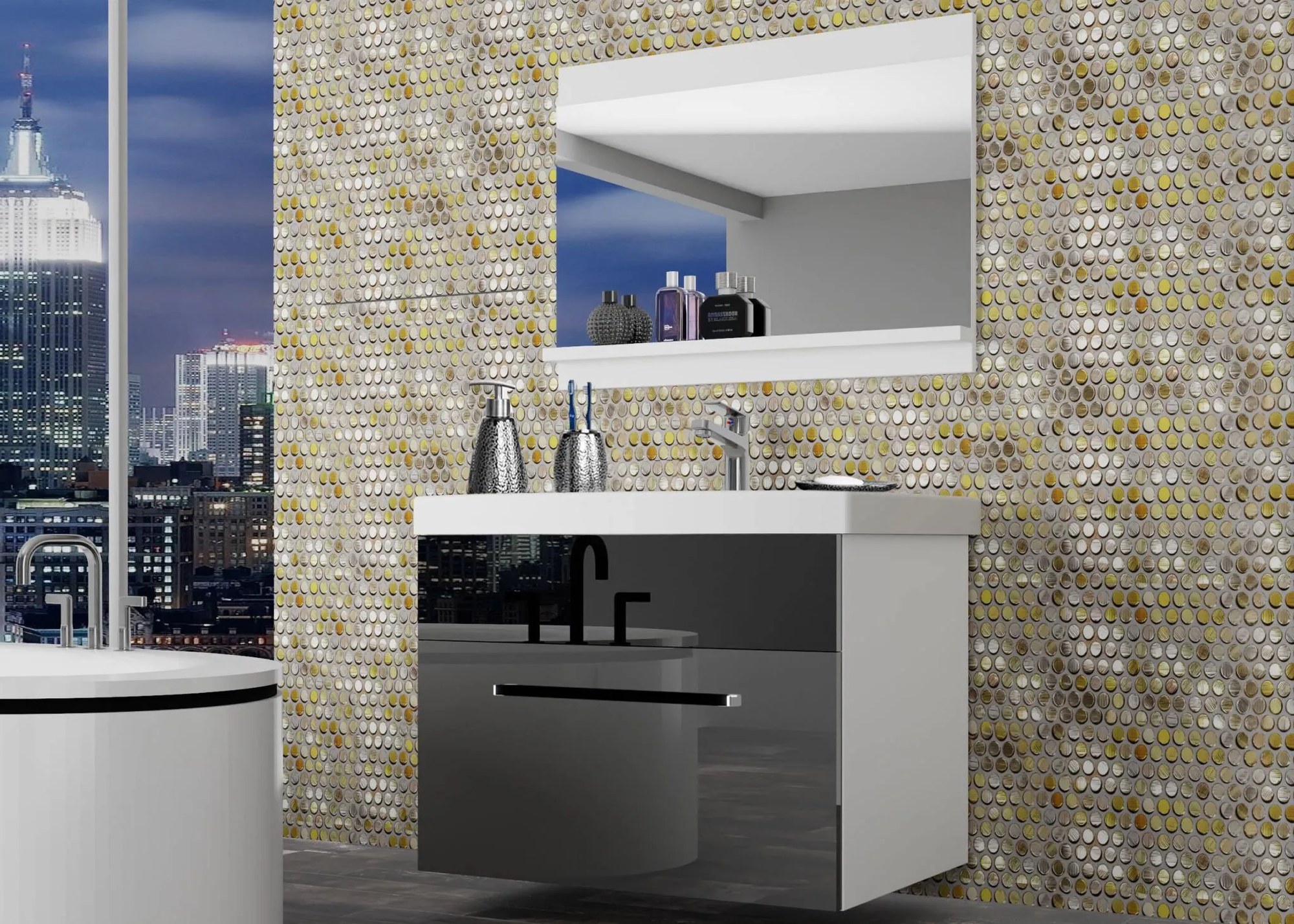 Kúpeľňový nábytok Belini šedý lesk / čierny lesk + umývadlo + zrkadlo ROD P 1/0/W/SB/0/ZW