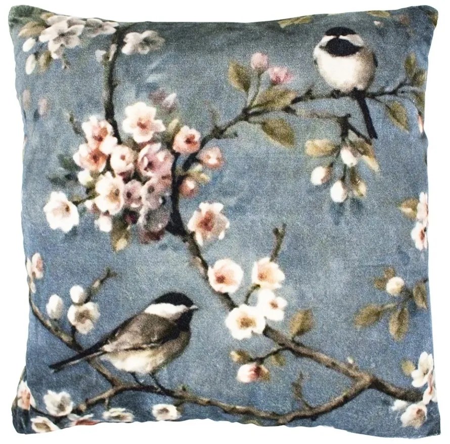 Šedý zamatový vankúš Vtáčiky s kvetmi - 45 * 45 * 10cm