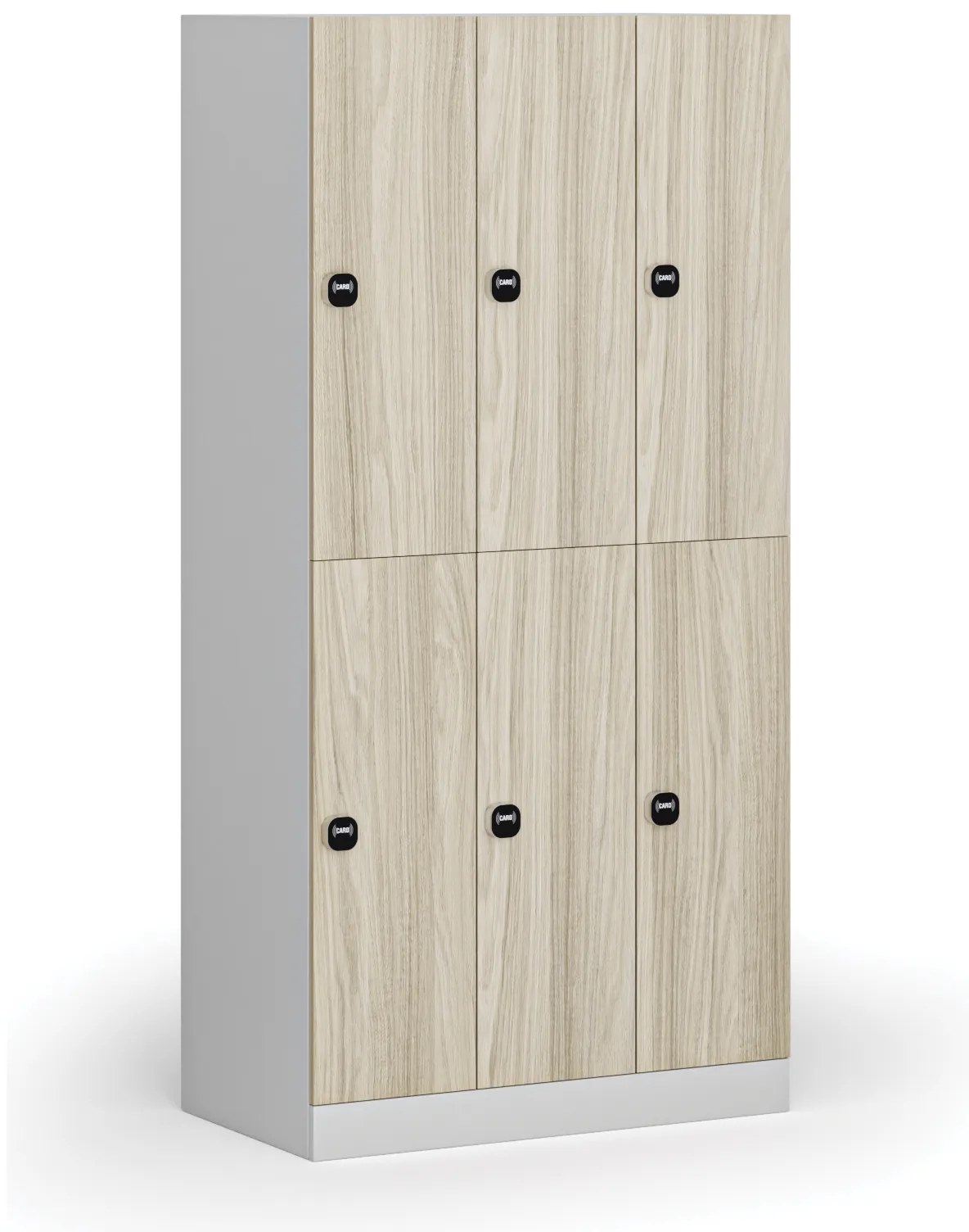 Šatníková skrinka S1 s úložnými boxmi, 6 boxov, 1850 x 900 x 500 mm, demont, zámok s čítačkou RFID kariet, laminované dvere, dub prírodný