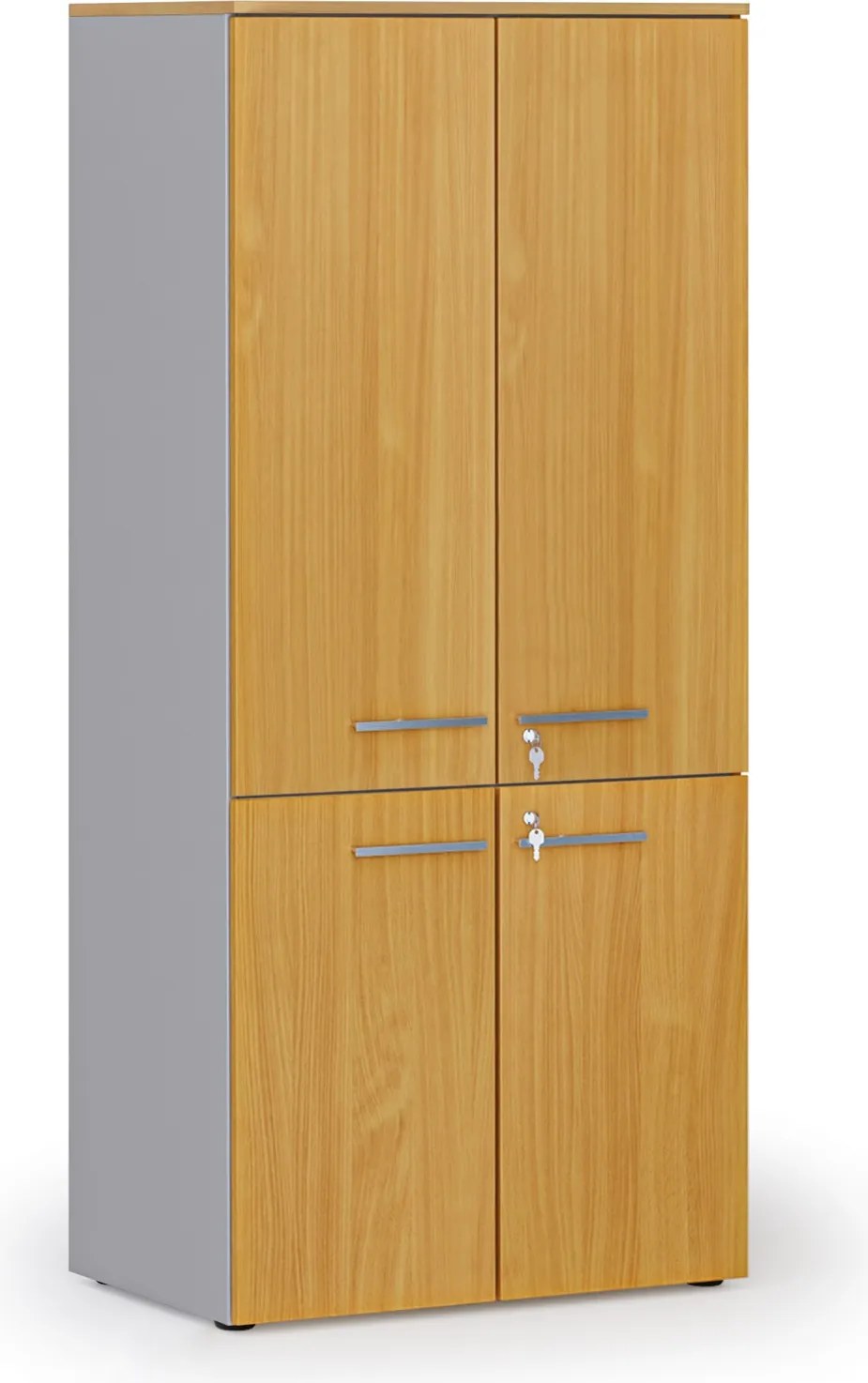 Kancelárska policová skriňa PRIMO GRAY, polené dvere, 800 x 500 x 1781 mm, sivá/buk