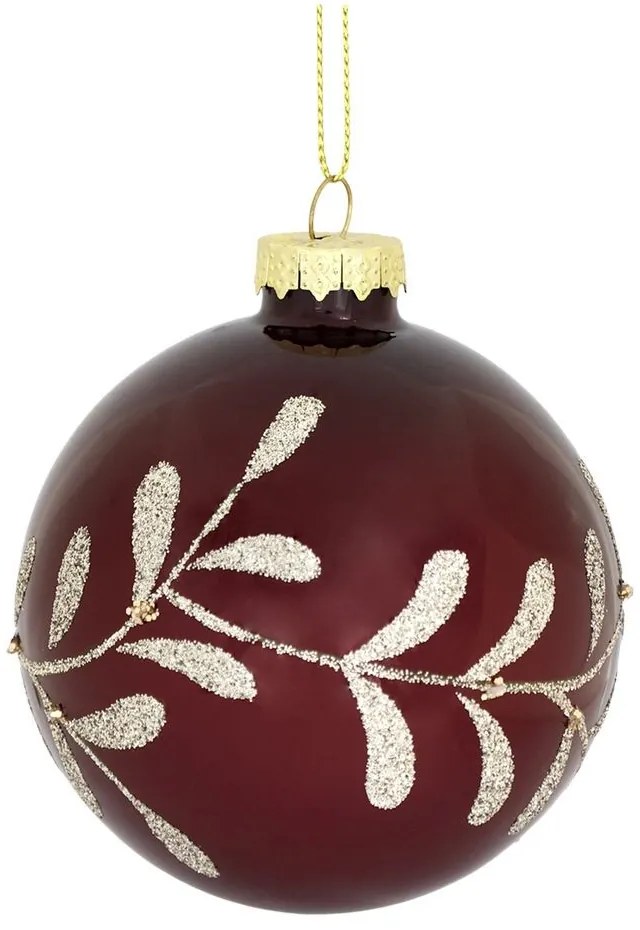 Červená sklenená vianočná ozdoba gule s listami - Ø 8 cm