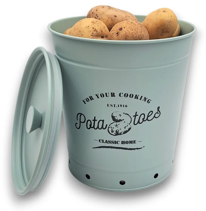 Plechová dóza na zemiaky, s vetraním, pastelovo zelená, RETRO