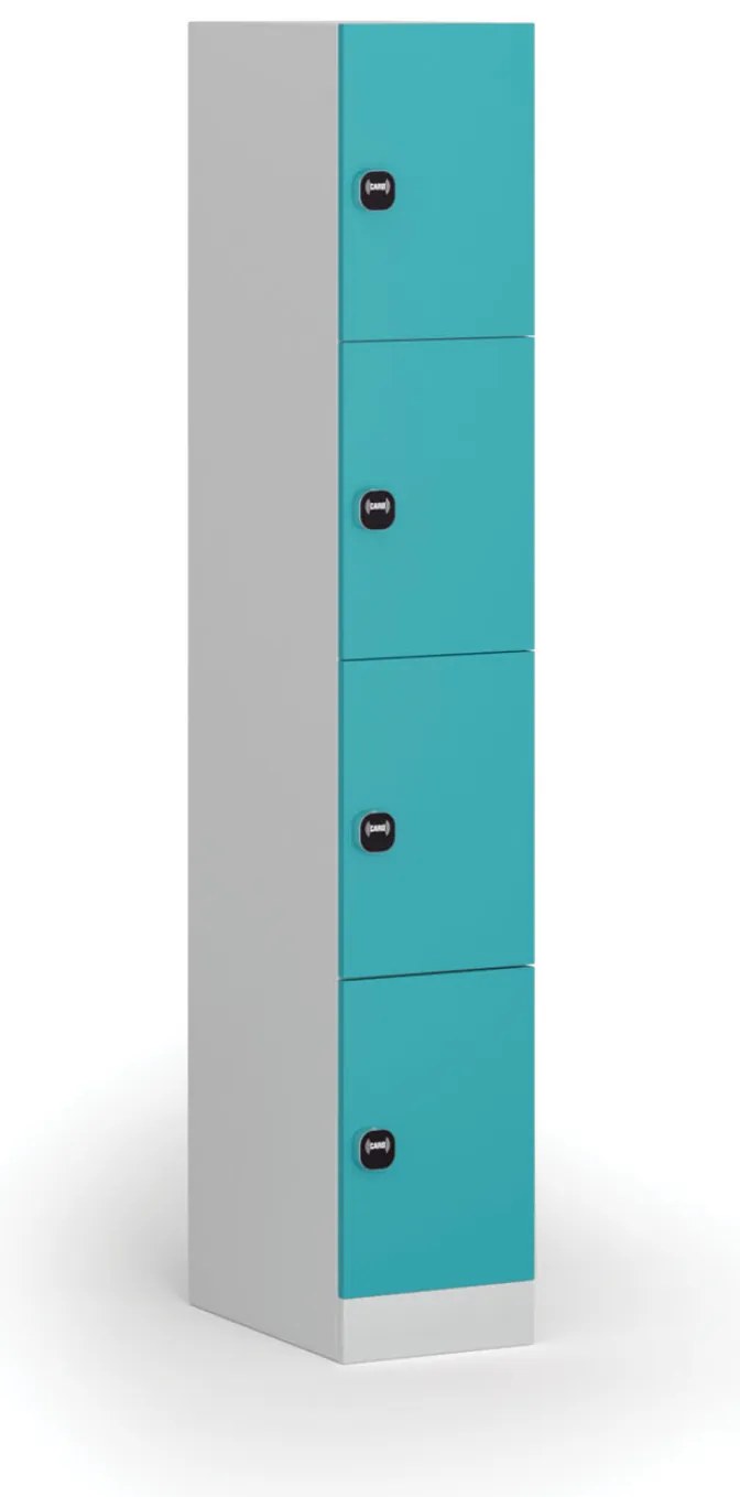 Šatníková skrinka s úložnými boxmi, 4 boxy, 1850 x 300 x 500 mm, demont, zámok s čítačkou RFID kariet, zelené dvere