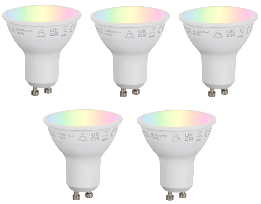 Sada 5 inteligentných stmievateľných LED žiaroviek GU10 50 mm opálová RGBW 4,7 W 400 lm 2700 – 6500 K