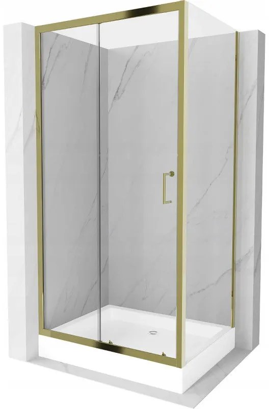 Mexen Apia, sprchový kút s posuvnými dverami 120 (dvere) x 90 (stena) cm, 6mm číre sklo, zlatý profil + biela sprchová vanička RIO, 840-120-090-50-00-4510