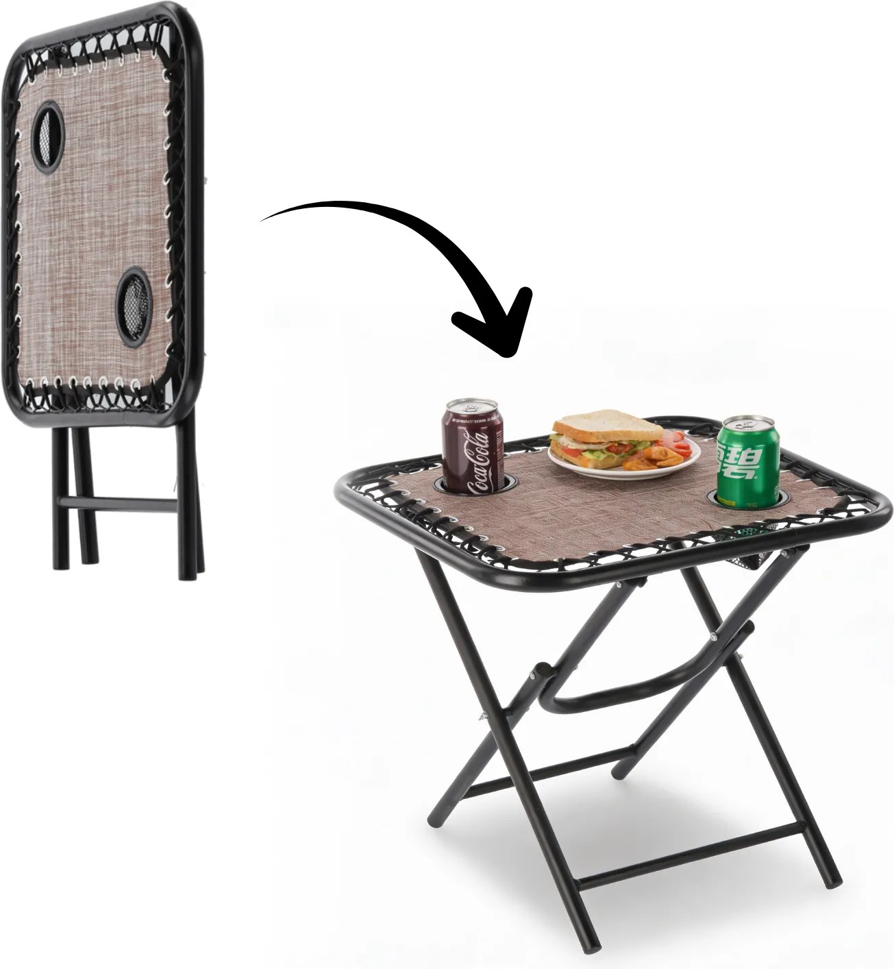 Garden Line SKLADACÍ TURISTICKÝ STÔL 50 x 50 x 50 CM S DRŽIAKMI NA NÁPOJE HNEDÝ *2746