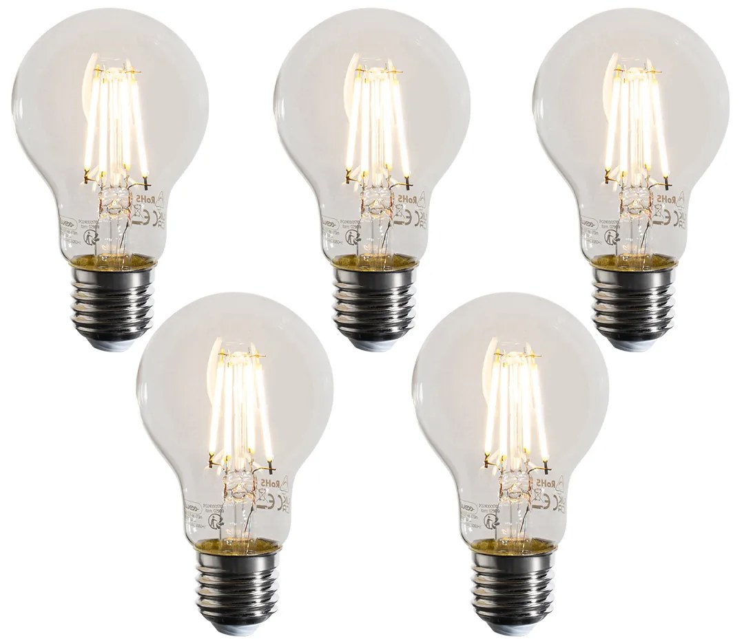 Sada 5 stmievateľných LED žiaroviek E27 A60 číra 4W 470 lm 2700K