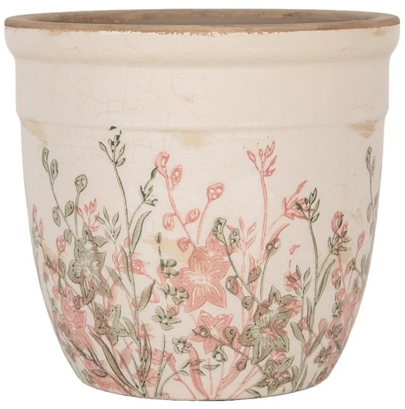 Béžový antik keramický obal na kvetináč s ružovo-zelenými kvetmi L - Ø 18*17 cm