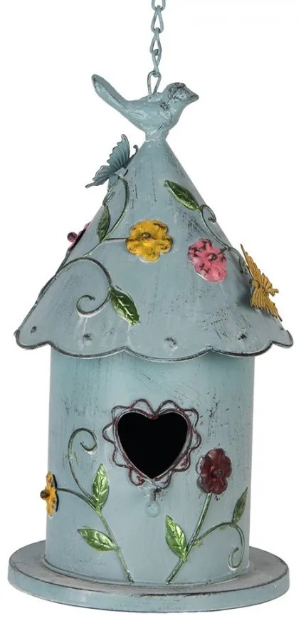 Modrá závesná kovová dekorácia vtáčia búdka s kvetmi - 16*19*29 cm