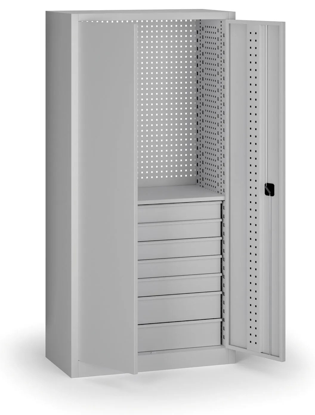 Policová dielenská skriňa 2-dverová, 1 police + 7 zásuviek, 1950 × 950 × 500 mm, sivé dvere