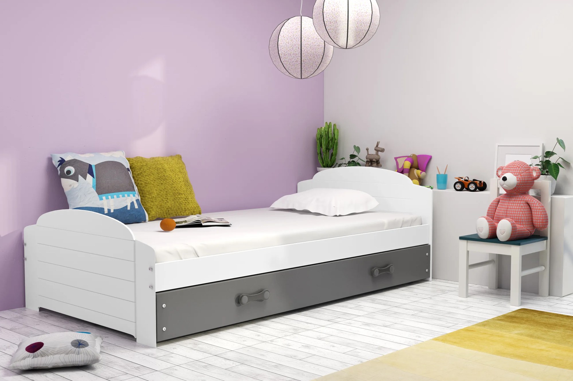 Interbeds Jednolôžková posteľ Lili2 biela pre teenagerov 200x90 s matracom a šuplíkom - grafitová