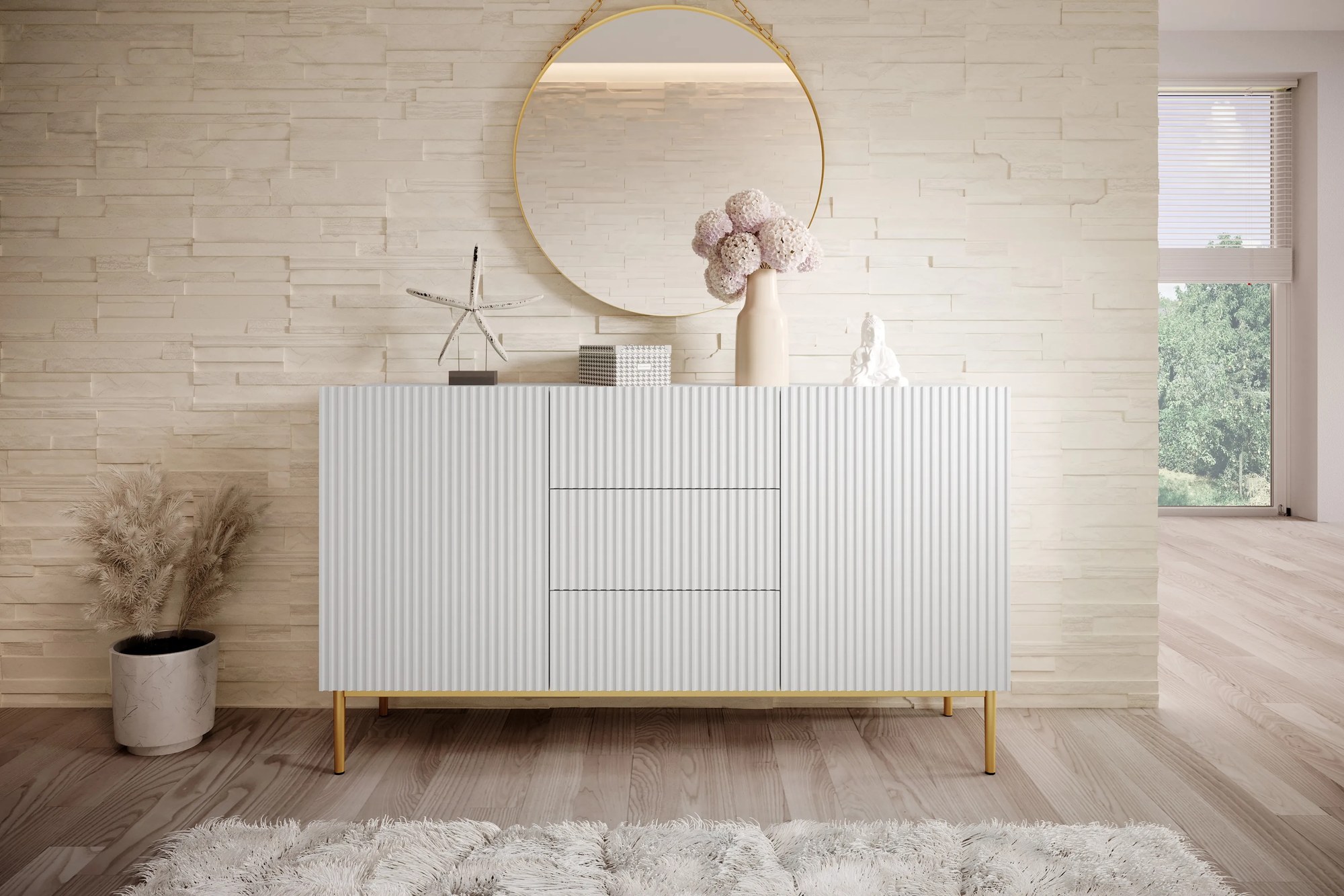 Komoda Nicole 150 cm s 3 zásuvkami - biely mat / zlatá