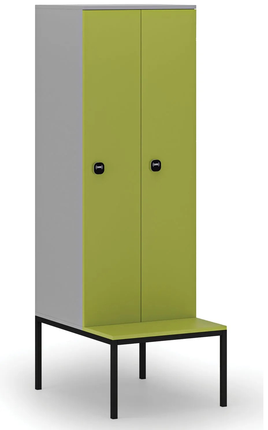 Drevená šatníková skrinka S4 s lavičkou, 2 oddiely, 1871 x 600 x 500/800 mm, demont, RFID zámok, sivá/zelená