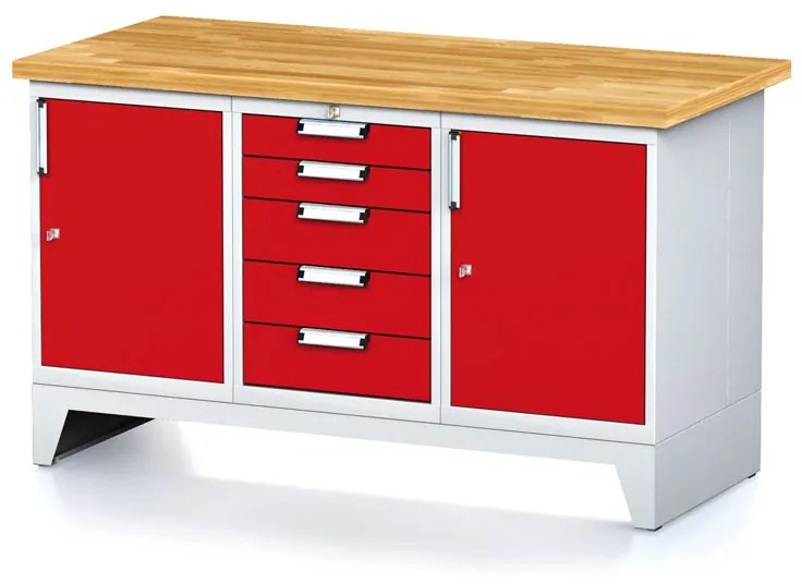 Alfa 3 Dielenský stôl MECHANIC I, 2 skrinky a zásuvkový box na náradie, 5 zásuviek, 1500x685x880 mm, červené dvere