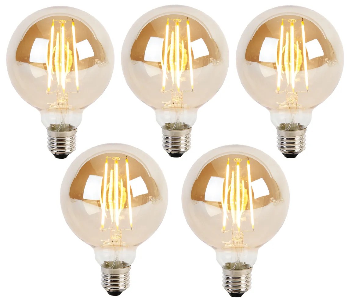 Sada 5 stmievateľných LED žiaroviek E27 s 3-stupňovým stmievaním G95 zlaté sklo 5W 380lm 2200K